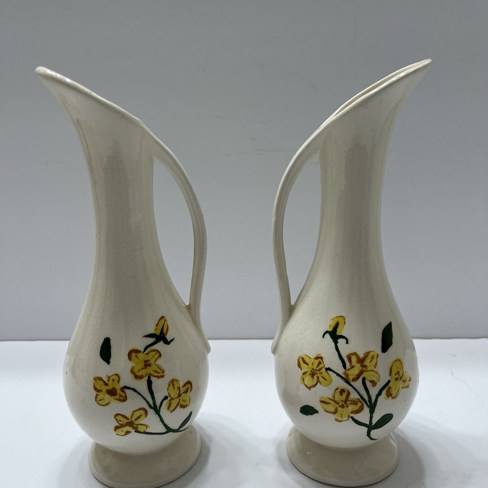 Vintage Off-White Floral Vases Set Of 2 Yellow Flowers Signed 1964 Ceramic